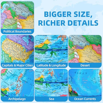 BSHAPPLUS 13 inch Large Globe for Classroom & Home Learning, Political Globe with 195+ Countries, Dry Erase & Waterproof Surface, Solid Stainless Steel Base (No Assembly Required) - color: Blue, size: 13inch