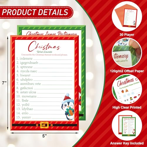 COCHIE 30 Players Christmas Party Games for Adults Family Office Large Groups, Xmas Parties Songs Pictionary Game, Riddle Game, Word Scramble Games with Answer Key (Santa & Penguin) - style: Santa & Penguin