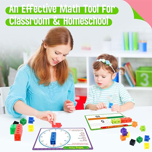 Math Linking Cubes, 100 Math Cube Manipulatives with 30 Learning Activities plus 192 Reusable Stickers, Number Counting Blocks Snap Linking Math Counters, Fun & Educational Pre-K Counting Blocks - style: counting & sticking activity