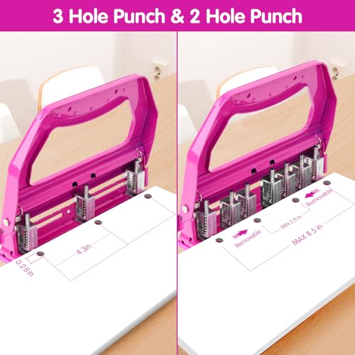 AFMAT 3 Hole Punch Heavy Duty, 9/32" Holes, 50-Sheet Hole Puncher 3 Ring, 50% Reduced Effort, Adjustable Two & Three Hole Punch, Metal Paper Puncher w/Large Chip Tray, Metal Paper Guide, HP18 - color: Purple