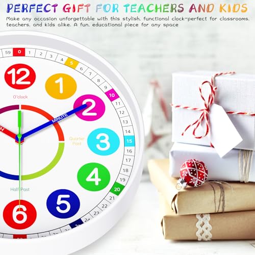 Kids Wall Clock - Non-Ticking, Battery-Operated Time Teaching Clock for Kids, Ideal for Children’s Bedrooms, Playrooms, and Stylish Home Décor – White, 12 Inch - size: 12 Inch