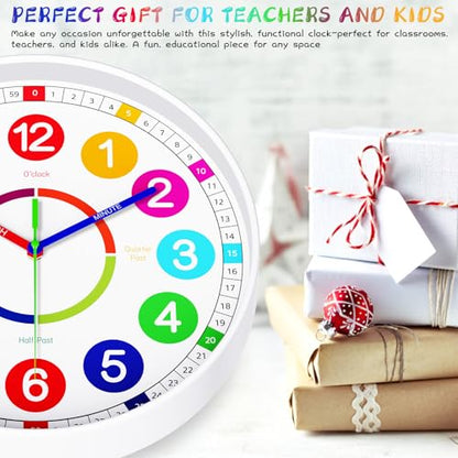 Kids Wall Clock - Non-Ticking, Battery-Operated Time Teaching Clock for Kids, Ideal for Children’s Bedrooms, Playrooms, and Stylish Home Décor – White, 12 Inch - size: 12 Inch