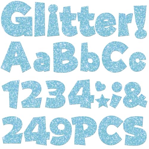 249 Pcs Glitter Bulletin Board Letters Numbers and Punctuation, 4 Inch Alphabet Poster Board Cardboard Letter Cutouts with Adhesive Dots for Classroom Bulletin Board School Decorations (Light Blue) - color: Light Blue