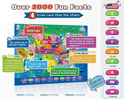 Qiaojoy V2 Interactive Kids Map Bilingual United States Map for Kids Learning, Educational Talking USA Map Poster Geography Games Personalized Kid Toys for Boys & Girls Ages 3-12. - style: USA Map