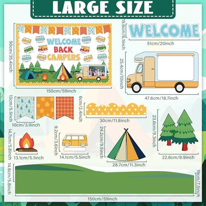 Summer Camping Bulletin Board Decorations Set Welcome Back Camper Classroom Decor Adventure Camp Themed Campfire Tent Paper Cutouts for Woodland Party Back to School Chalkboard Wall Supplies Favor - style: Summer Camping