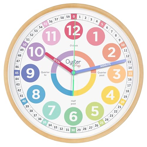 Oyster&Pop Kids Clock - Silent 14" Analog Learning Wall Clock - Award-Winning Telling Time Teaching Clock for Kids - Large for Classrooms Homeschool & Bedrooms - Includes eBook - color: Pastel, size: 14 inch