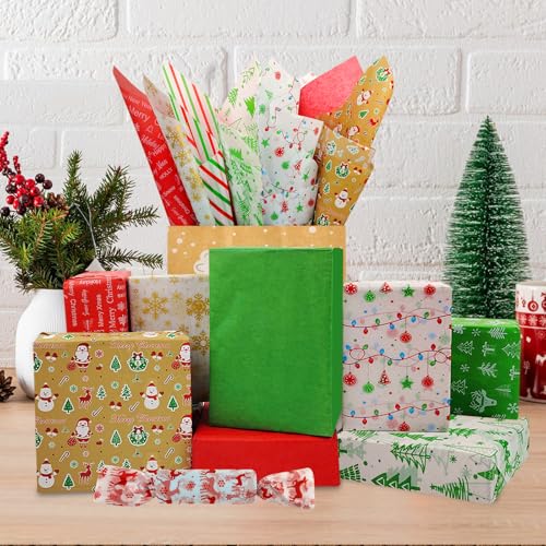 AORZIT 20x20 Inch Tissue Paper - Xmas Gift Wrapping Paper Bulk 50 Pack, 5 Assorted Designs for Gift Wrapping Boxes, DIY Crafts, Birthday & Holiday Decoration
