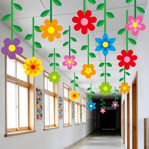 Classroom Flower Cutouts Spring Floral Ceiling Hanging Decorations Party Decors Colorful Flowers Leaves Cutouts Wall Ceiling Decor Flower Party Supplies for School Classroom Office Room Decor (24 Pcs)