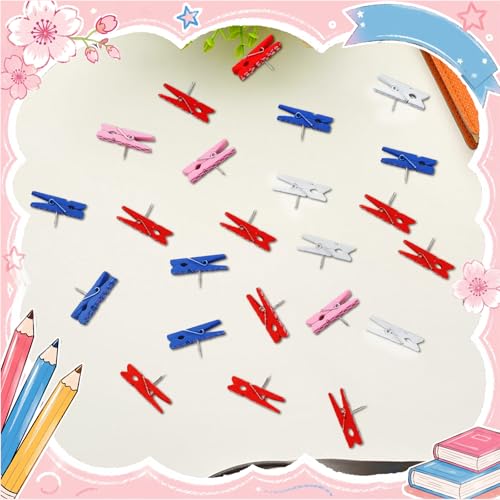 LemonRoad 60 Pcs Push Pin with Wooden Clips Teacher Cork Board Artworks Decorative Push Pins Tacks for Classroom Photo Bulletin Board Clips (Cartoon-2) - style: Cartoon-2
