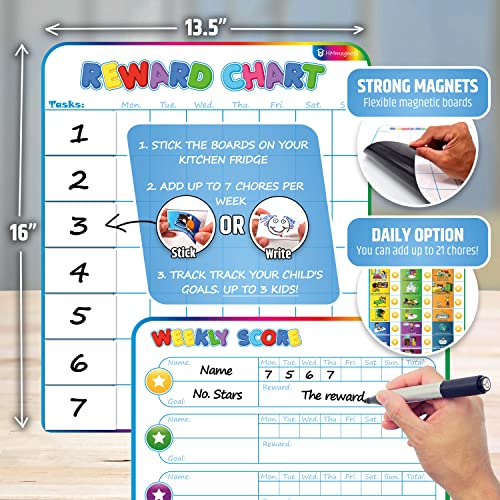 Large Magnetic Reward Chart for Multiple Kids (1-3 Kids) - 127 Pre-Written Stickers (Including Potty Training) + 30 Custom Chores - Behavior, Responsibility & Incentive Star Chart for Your Fridge - style: Up to 3 Kids