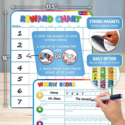 Large Magnetic Reward Chart for Multiple Kids (1-3 Kids) - 127 Pre-Written Stickers (Including Potty Training) + 30 Custom Chores - Behavior, Responsibility & Incentive Star Chart for Your Fridge - style: Up to 3 Kids