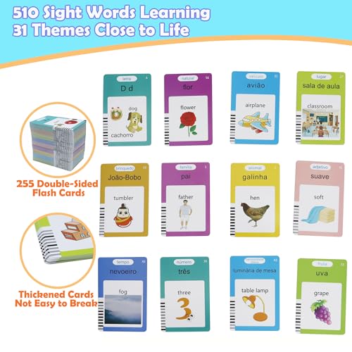 MAYAPHILOS 510 Sight Words Brazilian Portuguese and English Talking Flash Cards, Learn for Kids Language Learning Speech Therapy Toys for Toddlers - size: 510 Words Portuguese and English