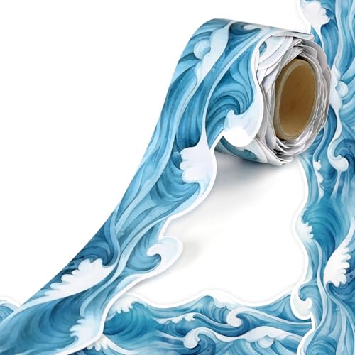 50ft Ocean Waves Bulletin Board Border, Blue Under The Sea Scalloped Trim Borders for Back to School Summer Classroom Office Wall Chalkboard Door Decorations - color: White