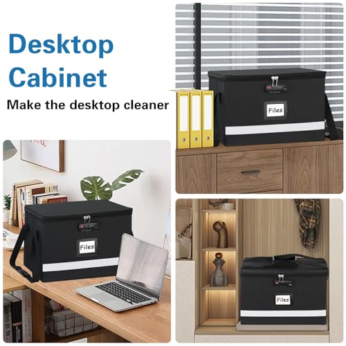 File Box with Lock - Portable File Organizer Box with Handle, Sturdy Important Document Organizer with Label, Slide, Reflective Strip for Hanging Letter/Legal Folder - size: 15.5" x 12.3" x 10.5", style: Black 1 Pack- Box with Lock