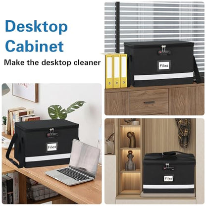 File Box with Lock - Portable File Organizer Box with Handle, Sturdy Important Document Organizer with Label, Slide, Reflective Strip for Hanging Letter/Legal Folder - size: 15.5" x 12.3" x 10.5", style: Black 1 Pack- Box with Lock