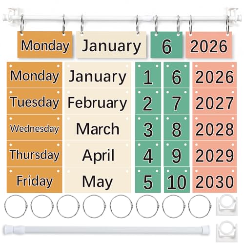 Flip Chart Classroom Calendar 2026 – Complete Flippable Boho Bulletin Board Set with Hanging Rod, Colorful Rainbow Whiteboard Date Display, Teacher Organization Kit(Bright) - color: Bright