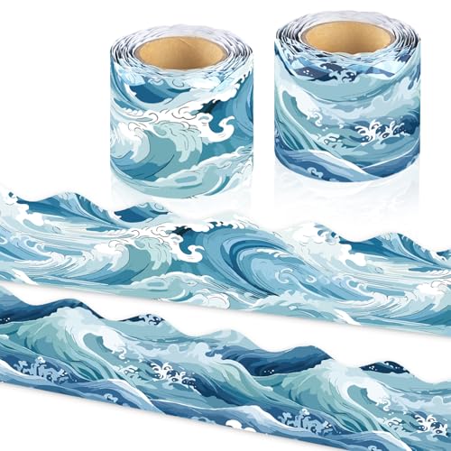 72Ft Ocean Bulletin Board Borders, Under The Sea Scalloped Trim Borders, Blue Ocean Theme Classroom Bulletin Board Decorations for School Supplies Classroom Door Wall Decor Back to School Theme Party - color: Blue White