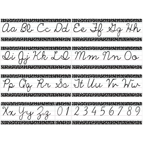 Set of 9 Cursive Writing Bulletin Board Cursive Alphabet Wall Strip for Teacher Supplies, Classroom Teaching Tool, Homeschooling, Kids Education(Black Dot) - style: Black Dot