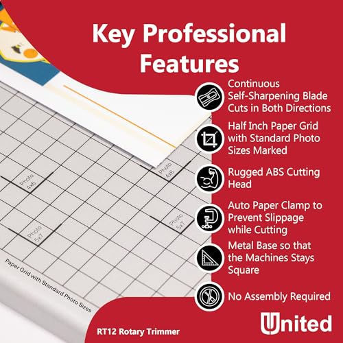 United Office Products RT12 Rotary Paper Trimmer, 12.5" Cut Length, 10 Sheet Capacity, Metal Base, Paper Cutter for Offices, Schools and Crafts - size: 12 Inch