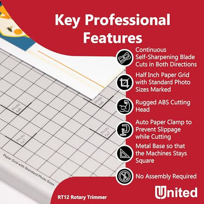 United Office Products RT12 Rotary Paper Trimmer, 12.5" Cut Length, 10 Sheet Capacity, Metal Base, Paper Cutter for Offices, Schools and Crafts - size: 12 Inch