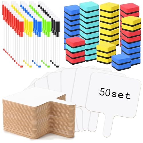 50 Pack Dry Erase Answer Paddles with Handle, 8 x 10 Inch Wooden Double-Sided Handheld Whiteboards Reusable Writing Boards with 50 Markers & 50 Erasers for Classroom Teaching & Auction Paddles Bidding