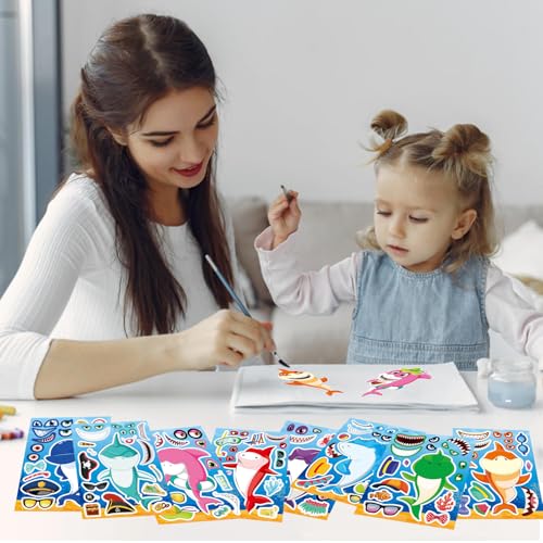 24 Sheets Make Your Own Shark Stickers for Kids Toddlers, Sea Ocean Animals Birthday Party Favors Activities - style: Shark