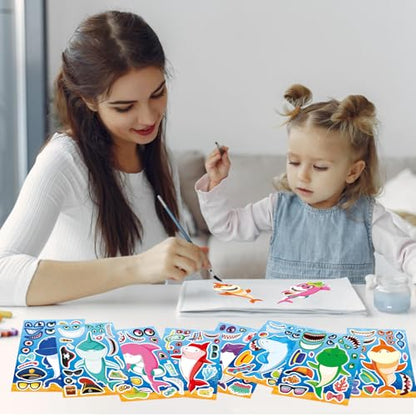 24 Sheets Make Your Own Shark Stickers for Kids Toddlers, Sea Ocean Animals Birthday Party Favors Activities - style: Shark