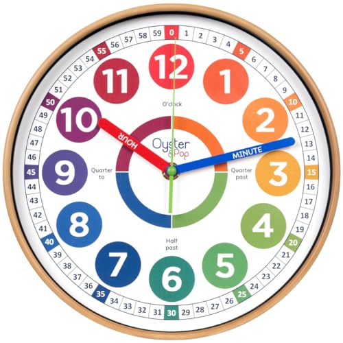 Oyster&Pop Kids Clock – Silent 10" Analog Learning Wall Clocks - Award-Winning Telling Time Teaching Clock for Kids - Bedrooms Homeschool & Classrooms - Includes eBook - color: Multicolor, size: 10 inch