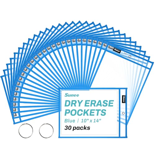 SUNEE 30 Packs Oversized Reusable Dry Erase Pocket Sleeves with 2 Rings, Blue 10x14 Ticket Holders, Clear Plastic Sheet Protectors, Teacher School Classroom Supplies - color: Blue, style: 30 Pack