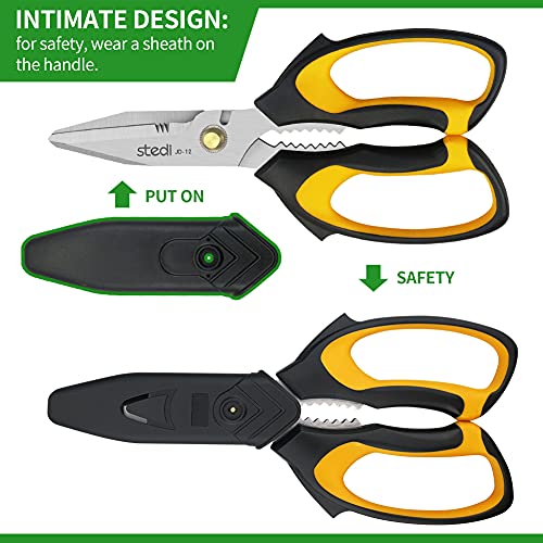 Stedi Scissors Heavy Duty 8-Inch,Multipurpose Scissors,Sharp Stainless Steel Shears with Serrated Edge & Protective Cover,Non-Slip Handle,Easy Cutting Cardboard, Carpet,Leather, Fabric, Wires, Yellow - style: JD-12(Straight-Blades)