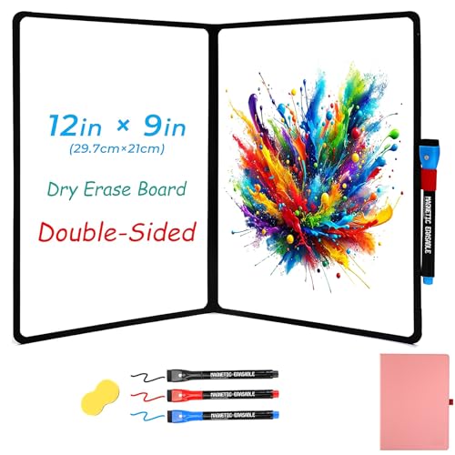 Double-Sided Whiteboard, 12" x 9", Double-A4 Pink | Portable, 3 Markers Included, Eraser Included, Red Elastic Pen Tray, Dry Erase - size: Double-A4 Pink