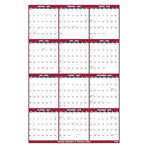 2026 Yearly Wall Calendar - Large Yearly Calendar 2026, Jan 2026 - Dec 2026, 25.2" x 38.2" (Open), 2026 Calendar, Large Wall Calendar 2026, Full Year Paper with Notes, Thicker Paper - Red - style: 2026 yearly calendar red