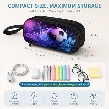 Firmiso Kids Pencil Case, Soccer Water Splash Graphic, Large Capacity Double Zipper Pencil Pouch with Compartments, Durable Polyester Stationery Organizer, Pen Bag for Boys Girls Teens - color: Soccer Water Splash