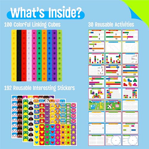 Math Linking Cubes, 100 Math Cube Manipulatives with 30 Learning Activities plus 192 Reusable Stickers, Number Counting Blocks Snap Linking Math Counters, Fun & Educational Pre-K Counting Blocks - style: counting & sticking activity
