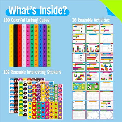 Math Linking Cubes, 100 Math Cube Manipulatives with 30 Learning Activities plus 192 Reusable Stickers, Number Counting Blocks Snap Linking Math Counters, Fun & Educational Pre-K Counting Blocks - style: counting & sticking activity