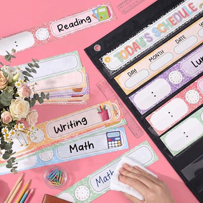 Pasimy Daily Schedule Pocket Chart with 31 Reusable Cards and 14 Pockets Composition Schedule Charts Classroom Decorations for School Office Home Educational Activity - style: Composition