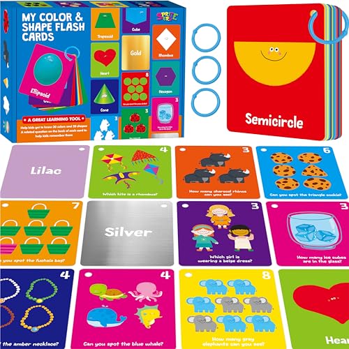 Color & Shape Flashcards, 50 Double-Sided Cards (30 Colors & 20 Shapes) Colorful Cards Educational Learning Tools for Preschool and Toddlers (3 Reclosable Rings Attached) - style: Color & Shape Flashcards