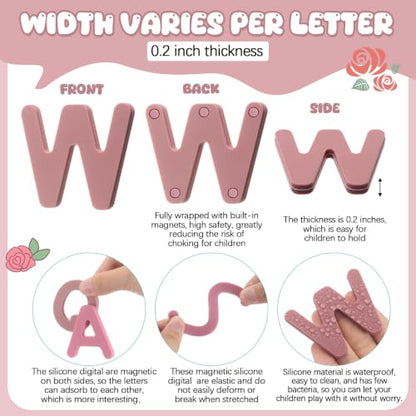 VioraWhite 26 Pcs Food Grade Silicone Magnetic Letters (Sealed Magnet, CPC Certified) Toddler Fridge Bulk ABC Educational Learning Toy for Baby Kid Girl Boy Gift(Rose Pink,Letter) - color: Rose Pink, style: Letter