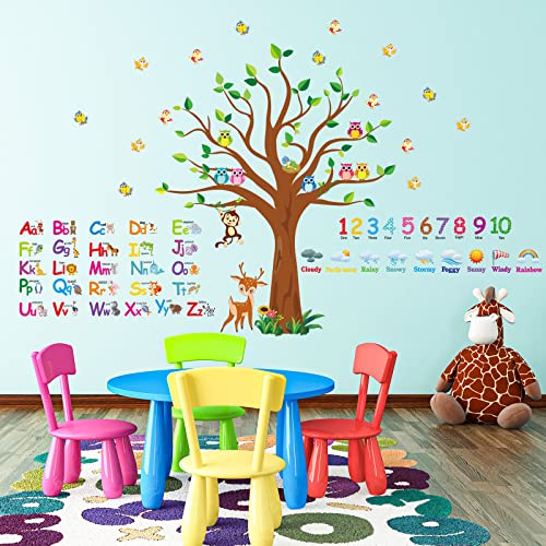 Pajean 4 Sheets Animal Alphabet Numbers Colour Decals for Kids Numbers Learning Children Educational Wall Decals ABC Weather Tree Stickers for Classroom Bedroom Playroom Room Decor Nursery