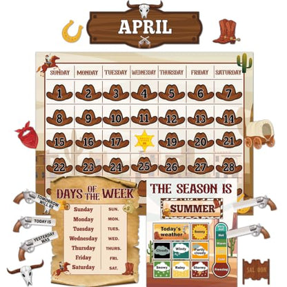 Western Cowboy Calendar Bulletin Board Set for Classroom Decoration Wild Western Calendar Seasons Weather Chart Brown Cowboy Bulletin Board Paper-Cuts for Teachers Elementary School Classroom - style: Western Cowboy