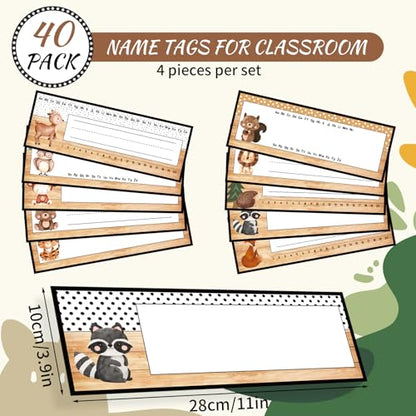 FYSUIMU 40 Pcs Woodland Friends Nameplate Woodland Animal Alphabet Name Tag Stickers Jungle Safari Forest Cartoon Back to School Self-Adhesive Name Label Decals for Students Teacher Desk Classroom