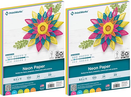 Printworks Neon Colored Paper, 24 lb, 5 Assorted Florescent Colors, FSC Certified, 100 Sheets, 8.5 x 11 Inch (00579), Single (Pack of 2) - color: Neon, size: Single (Pack of 2), style: Paper