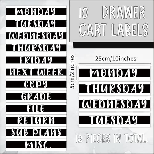 12 Pieces Rolling Storage Cart Labels 10 Drawer Rolling Storage Cart Label Blackwhite Classroom Decor for Teacher Office School Classroom Organization - style: Blackwhite