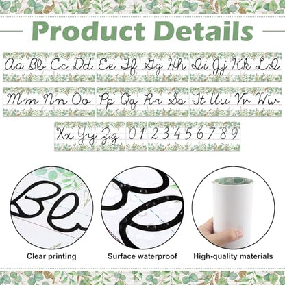 Set of 9 Cursive Writing Bulletin Board Cursive Alphabet Wall Strip for Teacher Supplies, Classroom Teaching Tool, Homeschooling, Kids Education (Eucalyptus) - style: Eucalyptus