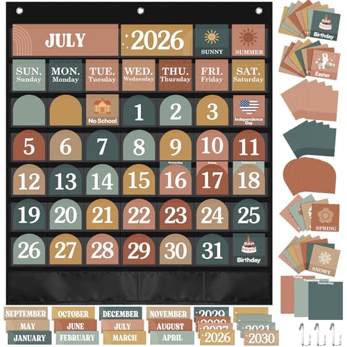 Sinload Classroom Calendar Pocket Chart Set Calendar Bulletin Board Set Seasons Festival Weather Pocket Chart for Classroom Decoration Back to School Supplies(Modern Boho 2,Black) - color: Black, style: Modern Boho 2