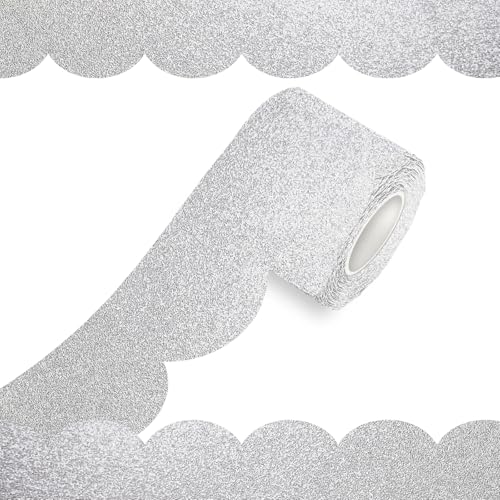 70Ft Shine Scalloped Bulletin Board Border- Silver Bulletin Board Border, Shiny Silver Trim Decorative Roll for Classroom, School, Office, Home - color: Shiny Silver, size: 70 FT
