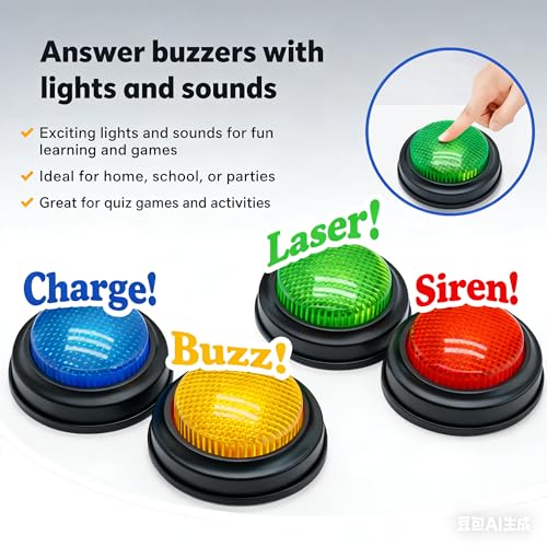 Answer Buzzers Set of 4 – Quiz Buzzers for Trivia Games, Classroom Activities, Family Game Night