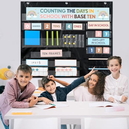 Boho Back to School Counting The Days with Base Ten Pocket Chart Place Value Teaching Materials Counting Pocket Chart for Kids Toddler Learning Activities Classroom Bulletin Board Home Decor - style: Bohemian