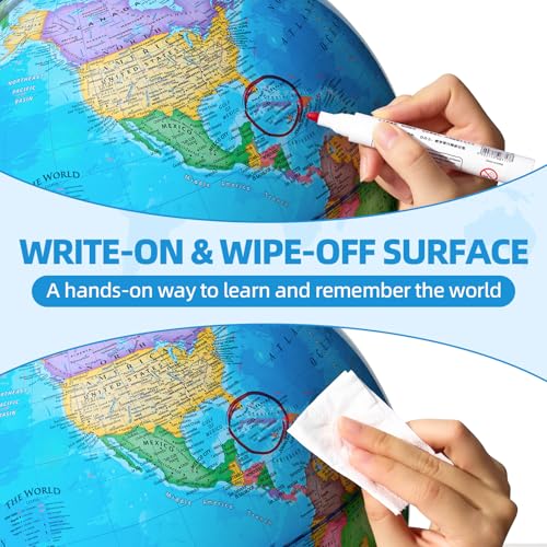 BSHAPPLUS 13 inch Large Globe for Classroom & Home Learning, Political Globe with 195+ Countries, Dry Erase & Waterproof Surface, Solid Stainless Steel Base (No Assembly Required) - color: Blue, size: 13inch