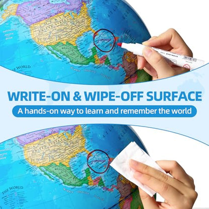 BSHAPPLUS 13 inch Large Globe for Classroom & Home Learning, Political Globe with 195+ Countries, Dry Erase & Waterproof Surface, Solid Stainless Steel Base (No Assembly Required) - color: Blue, size: 13inch